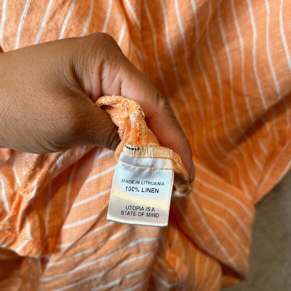 Flax 100% Linen Orange White Striped Sleeveless Ruffle Dress Large Lagenlook - Picture 6 of 7